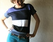 Tshirt Short Sleeved top - geometric womens cap sleeved tank top - color blocked scoop neck tshirt in black and blue