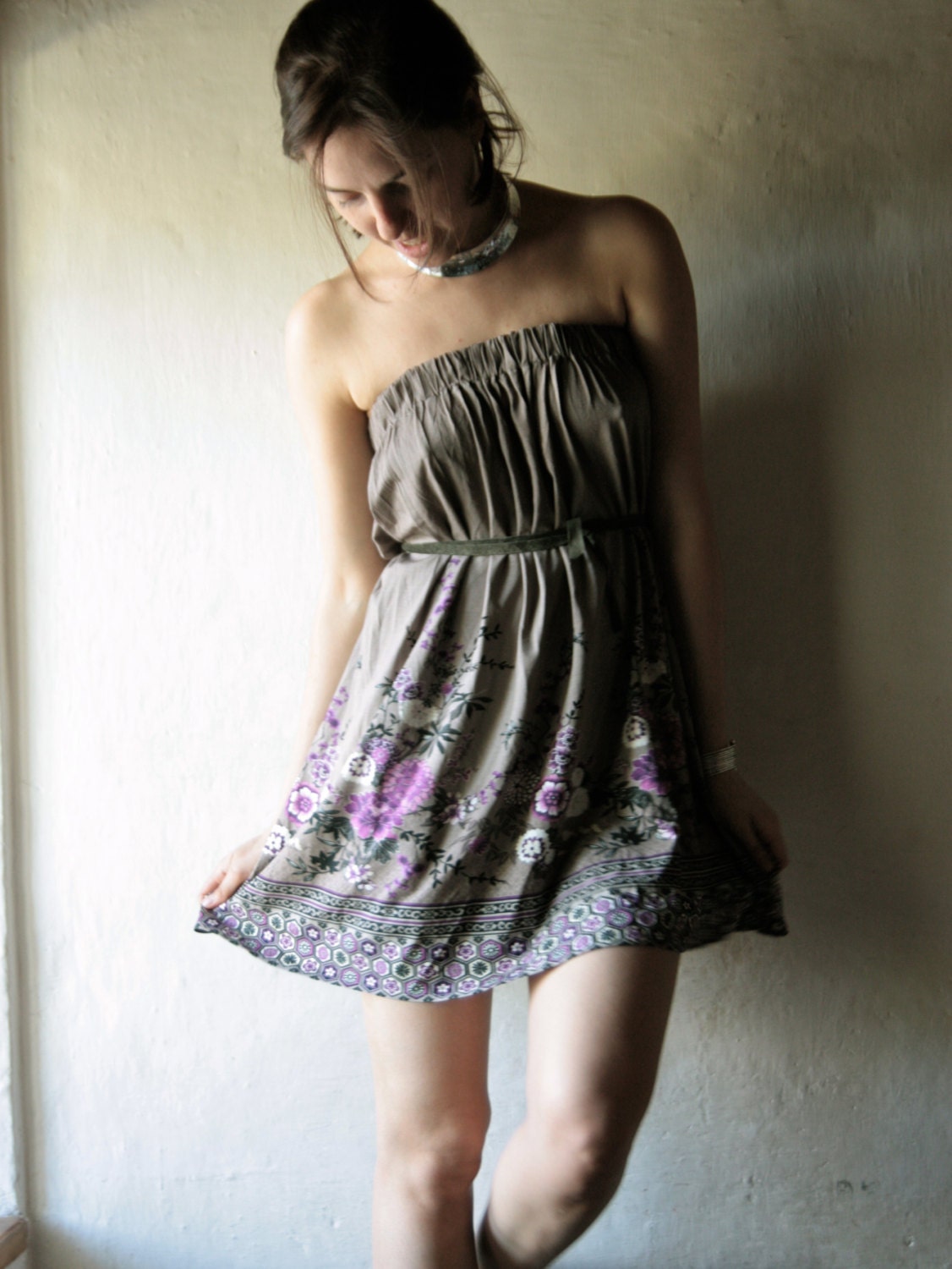 Strapless mini dress or tank top - belted floral purple jersey tunic - gathered tunic dress