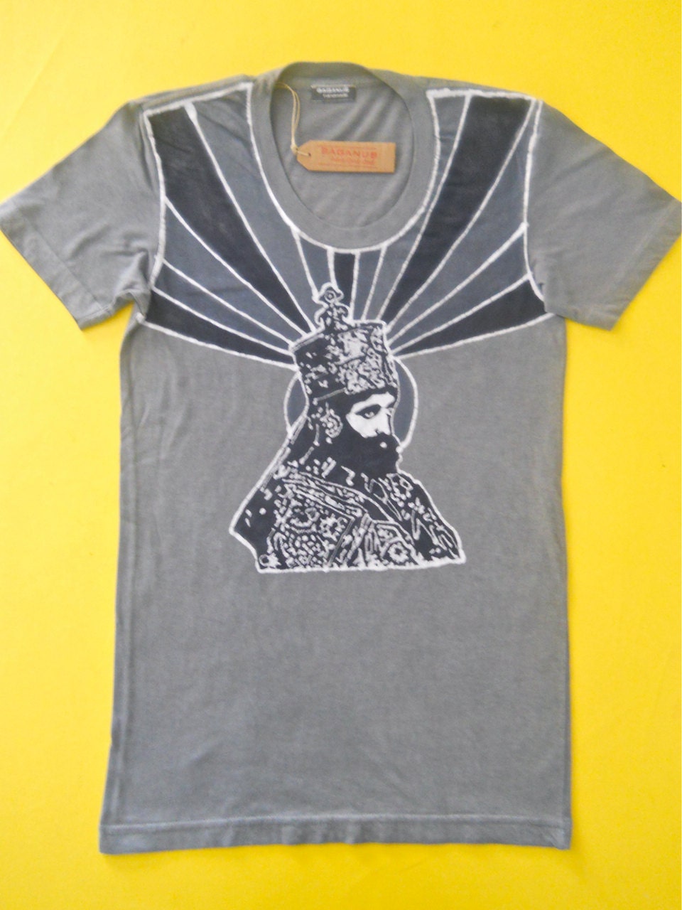 Women t shirt Haile Selassie Batik T- Shirt short sleeved Hand drawn - Hand painted & hand dyed grey size XS, S, M, L, XL