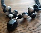 Black Cotton Choker with Black and White Beads and Black Stone Pendant