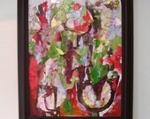 Madeleine de Demandolx, Abstract painting, expressionist, red, green, brown, pink, blue, impasto texture, 18 x 14 inches