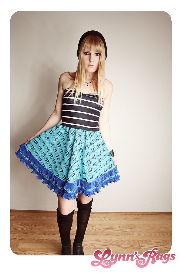 Blue Black PLAID Baby Doll DRESS Bow Birthday Party Handmade Strapless Ruffle