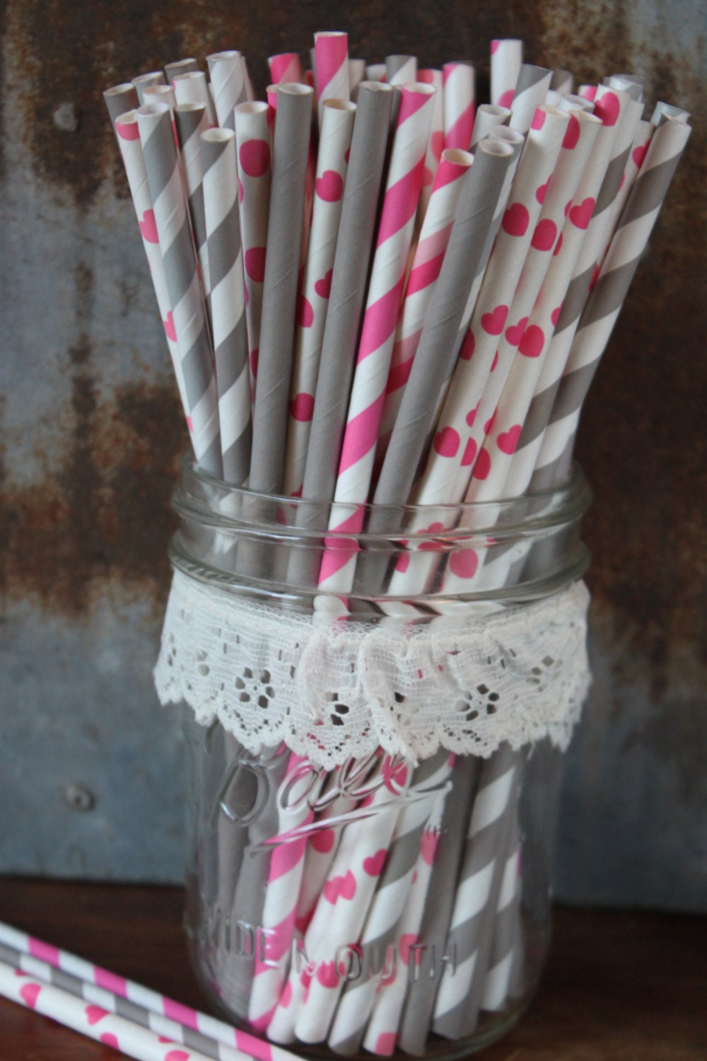 PInk and Grey Paper Straws -- Set of 20 -- stripes and dots Gray Il_570xn