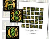 Medieval Gold & Green Alphabet 25mm square 1x1 1" digital collage sheet 1400's 25.4mm