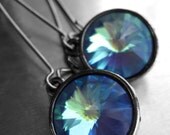 Indigo Ghost Rivoli Crystal Earrings - Stunning Swarovski Crystals in Opal Cobalt Blue, Tanzanite, Mint Green, Purple, Black Gunmetal Bezels