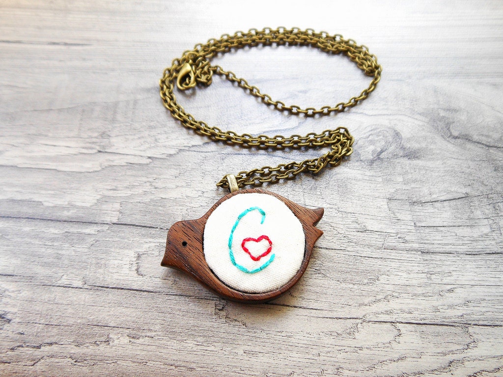 Pendant - Wooden Bird - Hand Embroidered - Personalized
