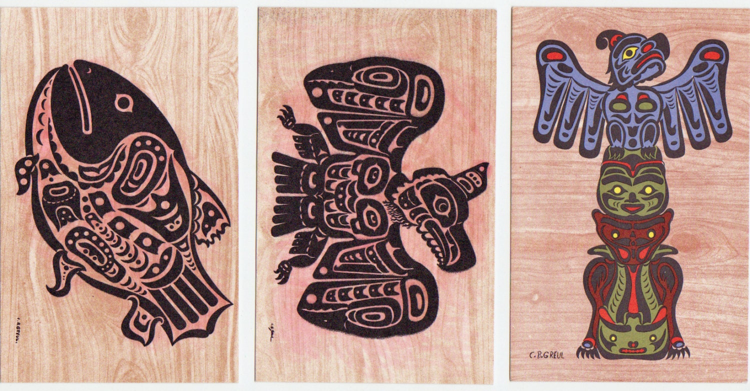 3 British Columbia Indians Art Postcards circa 1960 - Native American