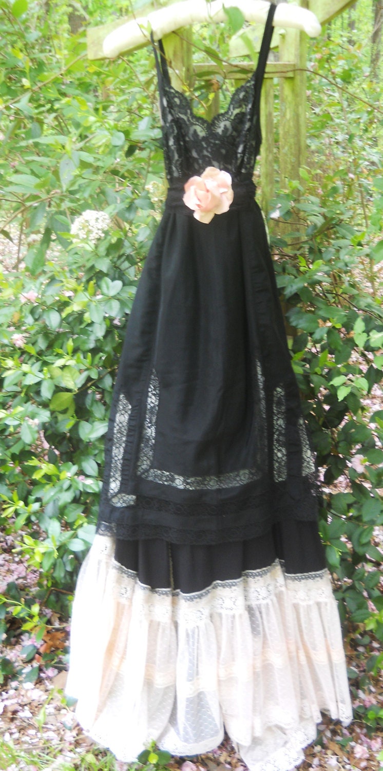 Black maxi dress lace silk  goth tiered cream steampunk   boho  rose romantic medium  by vintage opulence on Etsy