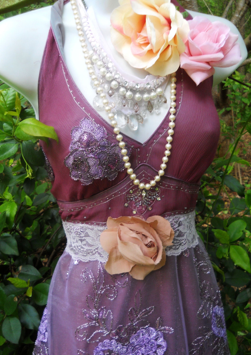 Purple maxi dress beaded lace velvet cotton  rose boho  vintage  romantic medium by vintage opulence on Etsy