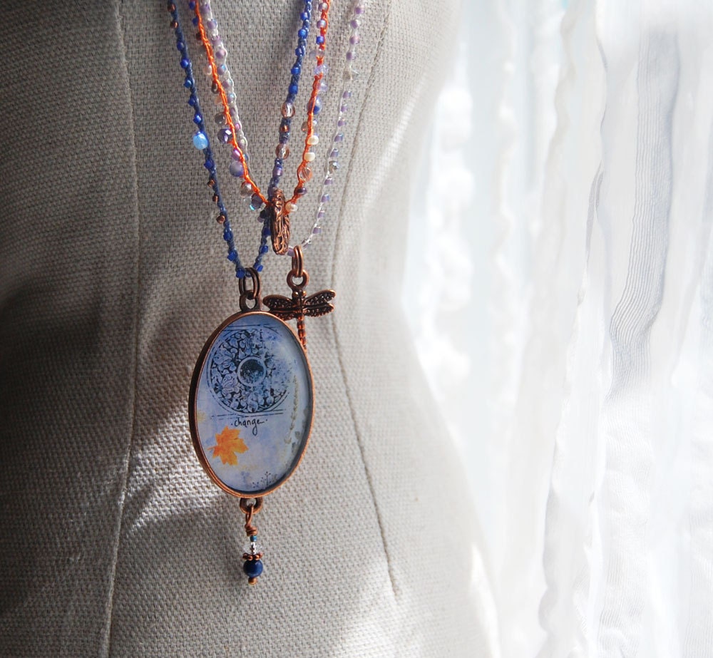 Crochet Necklace with art pendant - Change Pendant- 3 Strand Necklace