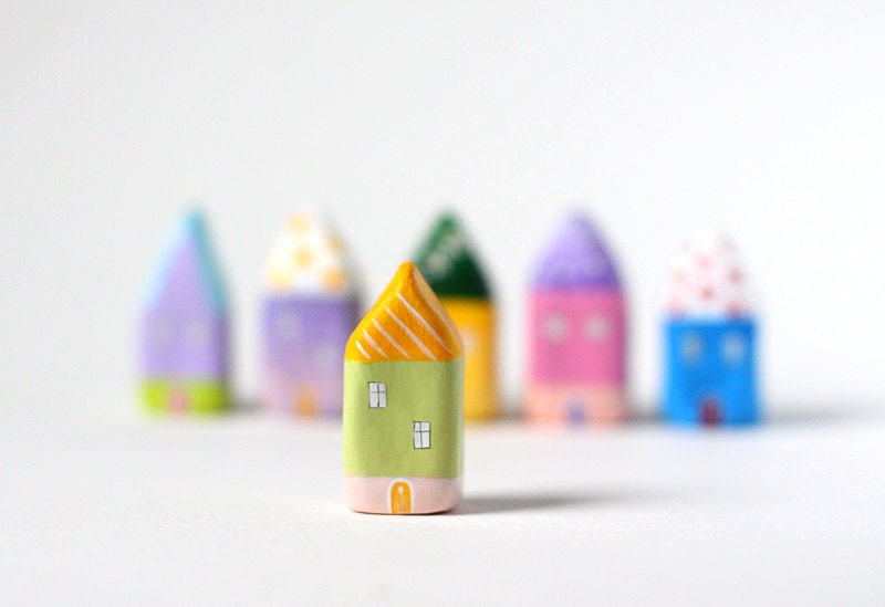 Little Home No 392 - Little clay house - green house with yellow roof with stripes