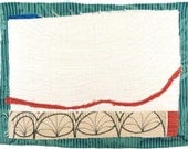 1.21.2013 small art quilt, contemporary, abstract, textile drawing, haiku, coral, ink drawing, aqua, cream, white, spring, bright blue