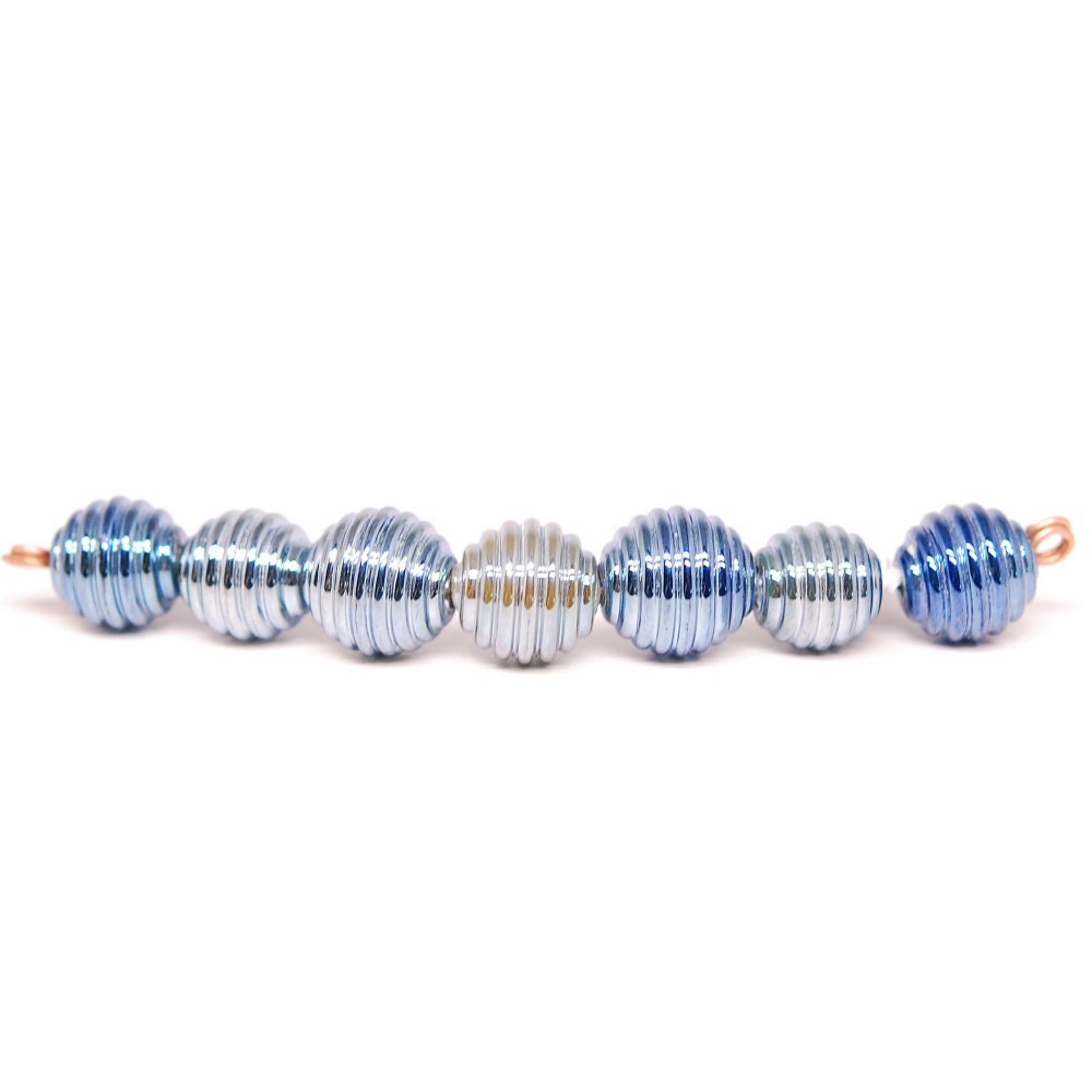 Handmade Lampwork Bead Set - Blue Metallic Ribbed Rounds