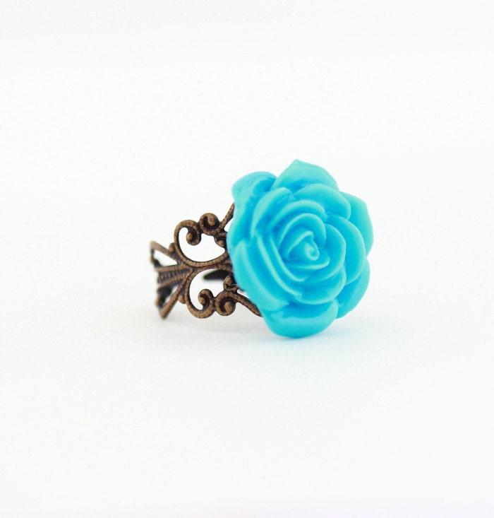 Blue Flower Ring - Antique Brass Plated Adjustable Filigree Ring With Blue Flower, Floral Accessories