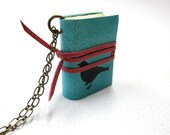 Blank Robin Egg Blue Leather Book Necklace/Jewelery/Mini Diary with Black Robin