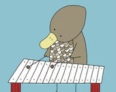 Nursery Art, Kid's Art, Duck Playing the Xylophone, Art Print, Blue Nursery Art, Music