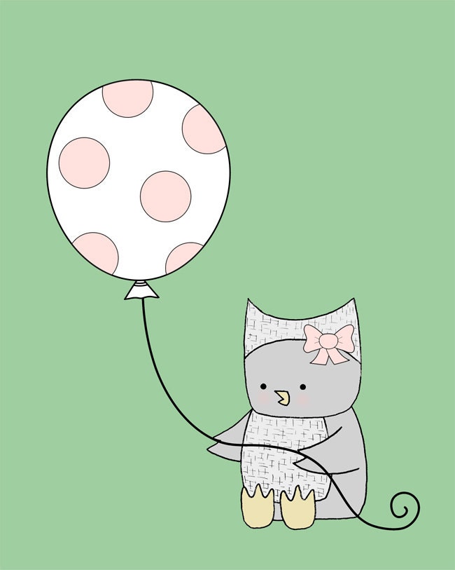 Pink and Green Nursery Art, Owl Nursery, Baby Nursery Decor, Pink and Green Decor for Girls, Owl with Balloon