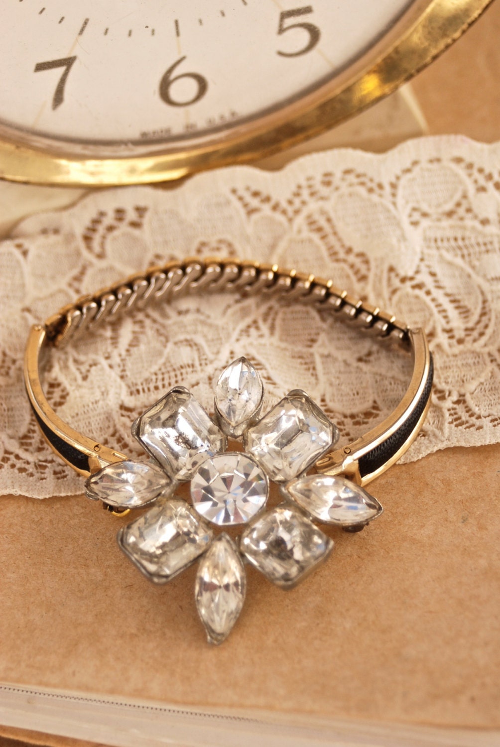 Cocktail hour. vintage rhinestone brooch bracelet. Tiedupmemories