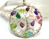Genealogy Family Tree necklace pendant -  Tree of Life - gemstone birthstone - mothers day  grandmother necklace personalized gift