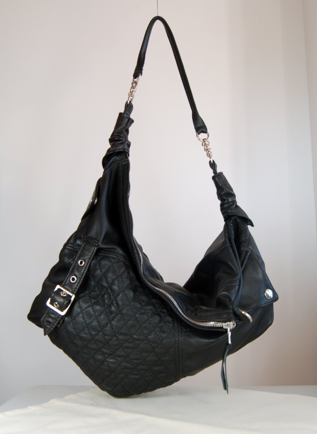 Bibi, Handmade black leather hobo / shoulder biker bag.