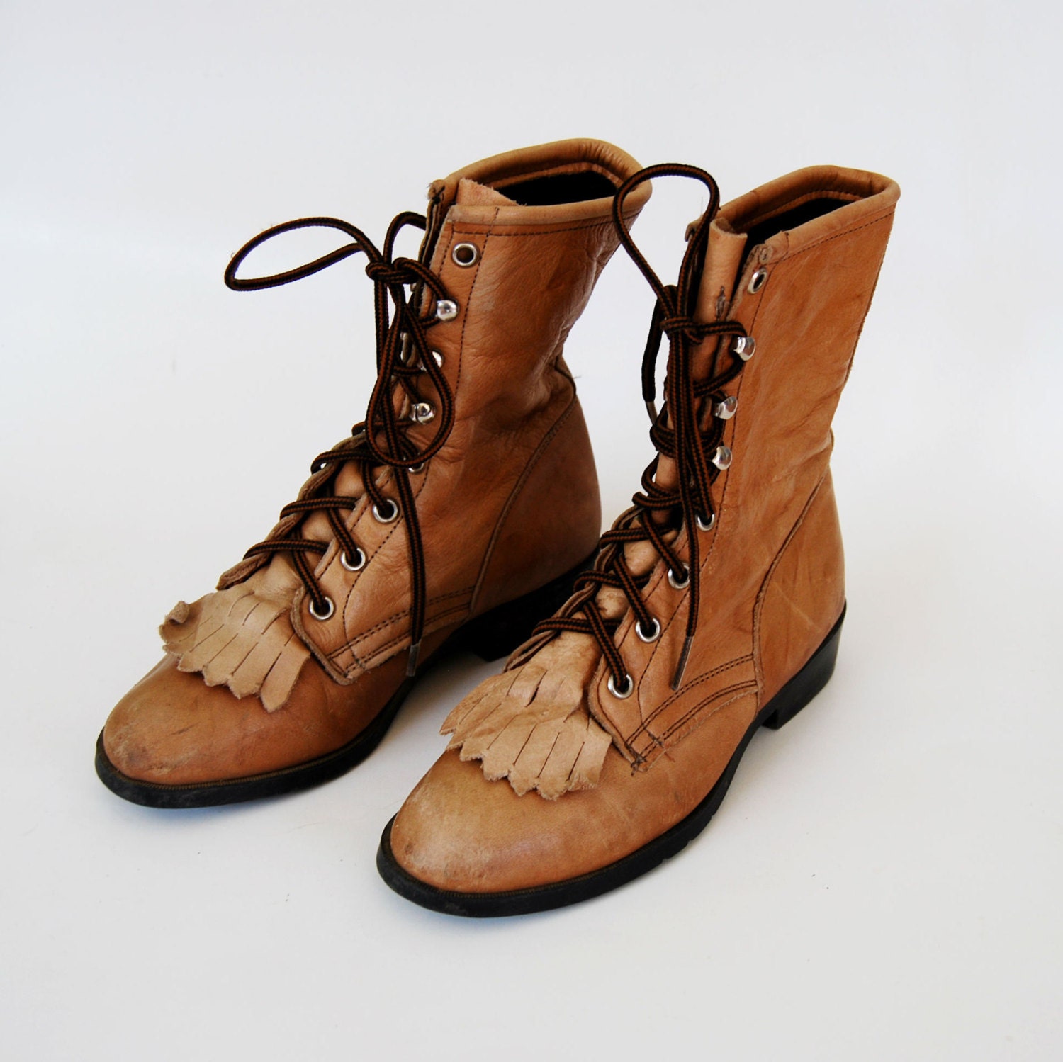 vintage leather ROPER riding boots /  1980s cognac lace up DISTRESSED boots size 5  / FREE domestic shipping