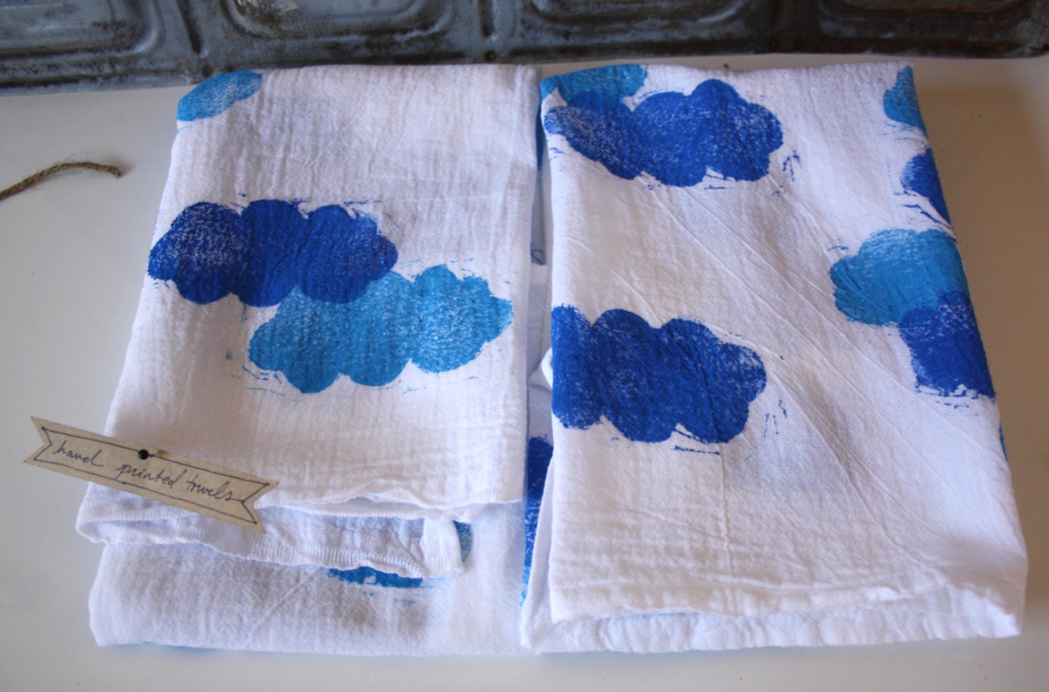 Clouds - Hand Printed Kitchen Towel Set of 2 - Dream - Flour Sack - Spring - Nature
