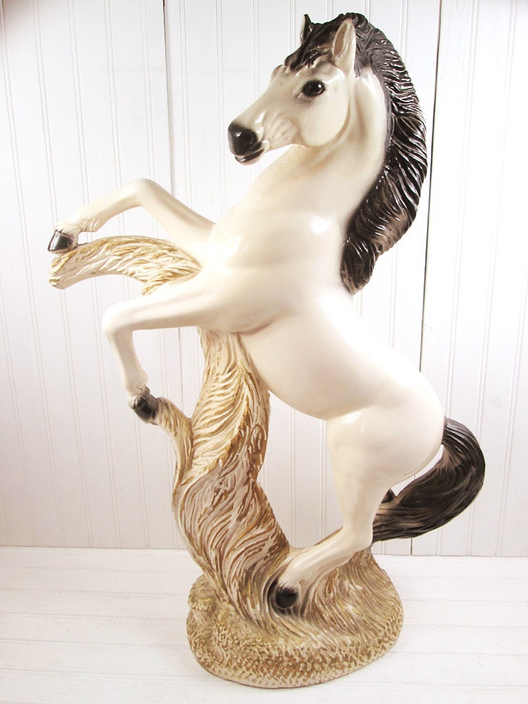 Vintage Large Rearing Horse Statue 25" Ceramic Figurine Door Stop Mid Century