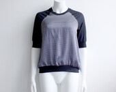 The "Donna" Short Sleeved Sweatshirt - Sheer Navy Mini Rib and Grid pattern Poly Charmeuse - XS, S or M