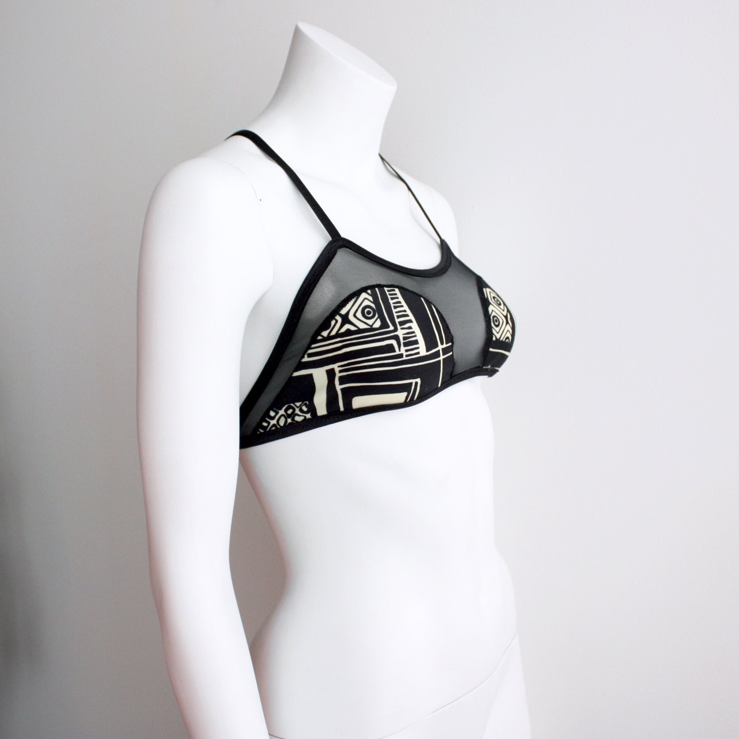 Convertible "Curve" Bra - Sheer Black Mesh with Geometric Spandex