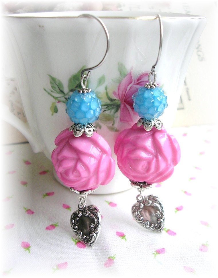 Pink Shabby Chic Roses Blue Bubble Bead Earrings Silver Heart Charm OOAK Spring