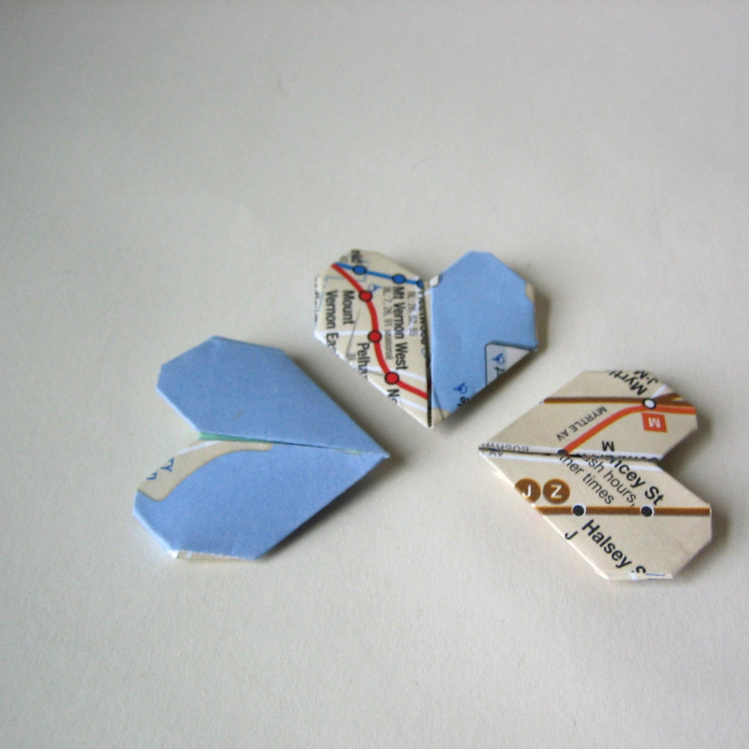 Love To Repurpose Heart  Shaped Bookmarks In Blue and Tan - Made With Reclaimed Maps - Set of 3