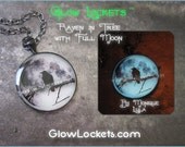 Black Raven in Tree with Real Full Moon Glow in the dark Gun Metal Pendant