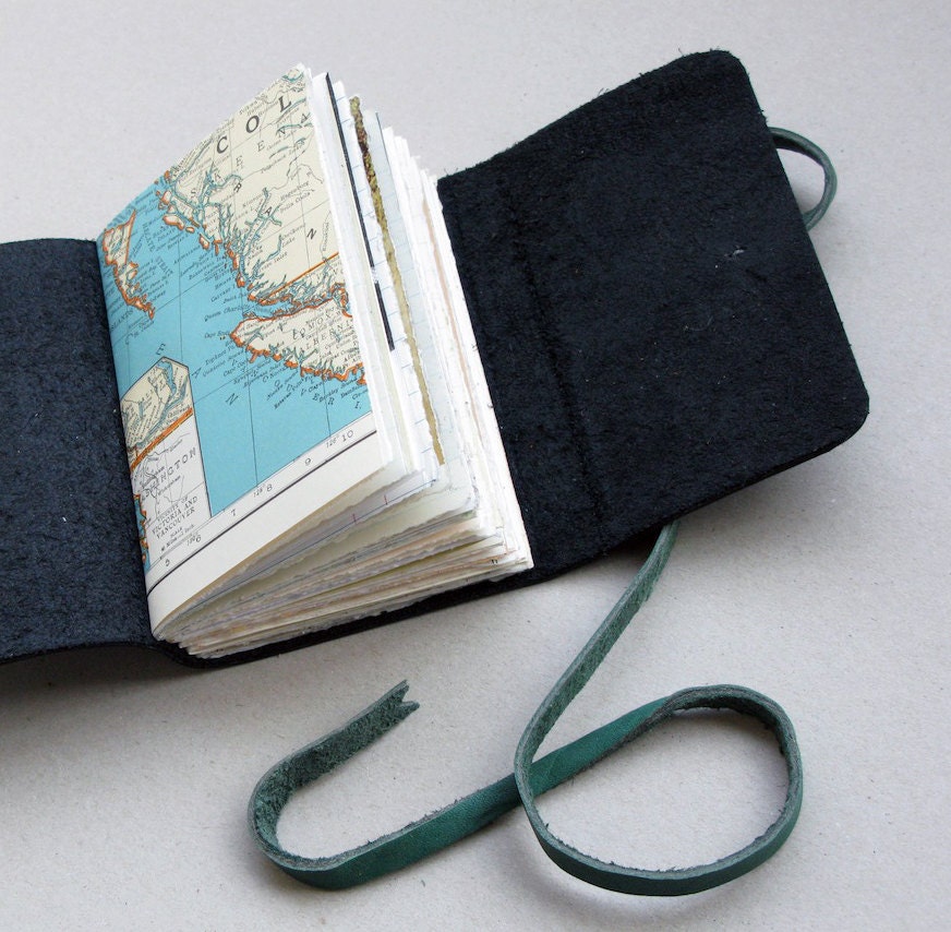 Black Forest Leather Hand Bound Pocket Notebook with Mixed Vintage Papers, OOAK