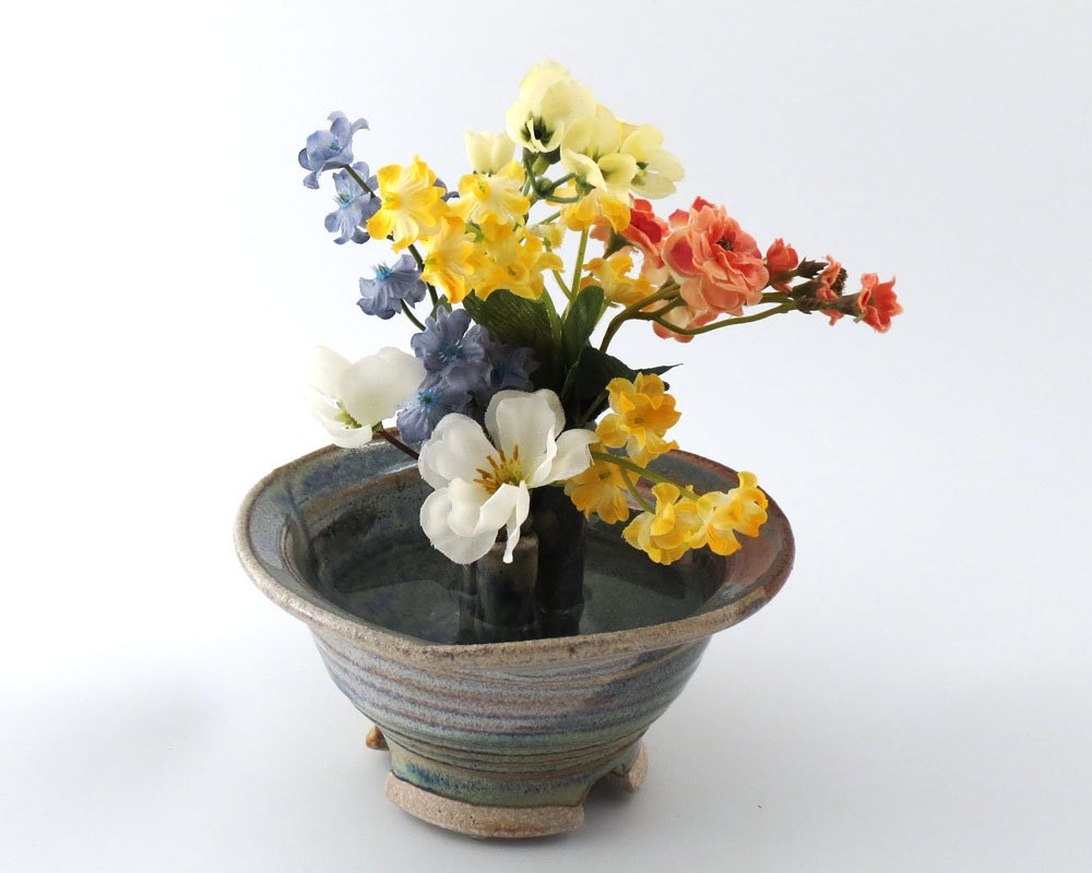 Flower Arranger 3 tubes- Temmoku /Rutile White / Handmade Wheel Thrown Pottery