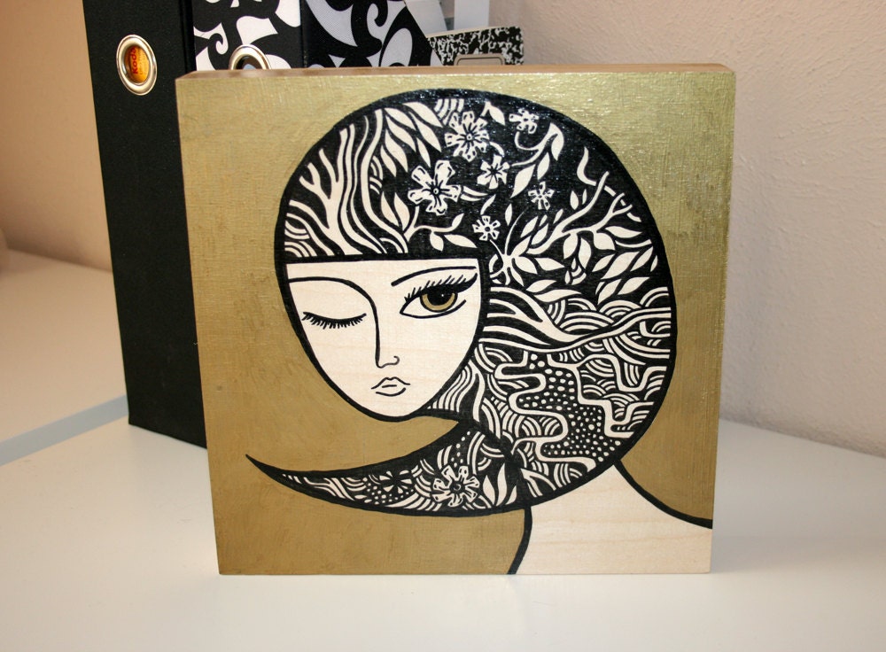 CHERRY BLOSSOM GIRL Original Illustration on Wood Panel 10x10