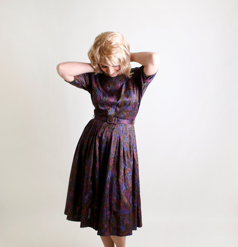 Vintage 1960s Dress - Dark Floral Day Dress is Deep Blue, Purple, and Green Jewel Tones - Medium
