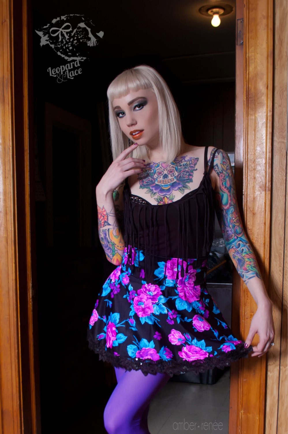 Pop Art Neon Rose Print Skater Skirt