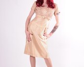 50s Dress - Beige Cocktail Dress with Lace Rhinestone Bodice Shelf Bust - Med
