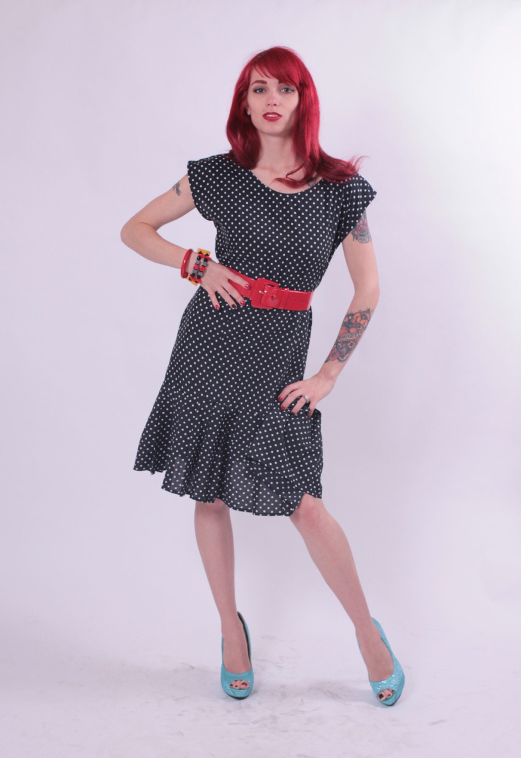 60s Dress - Black and White POLKA DOT Scooter Dress - Medium