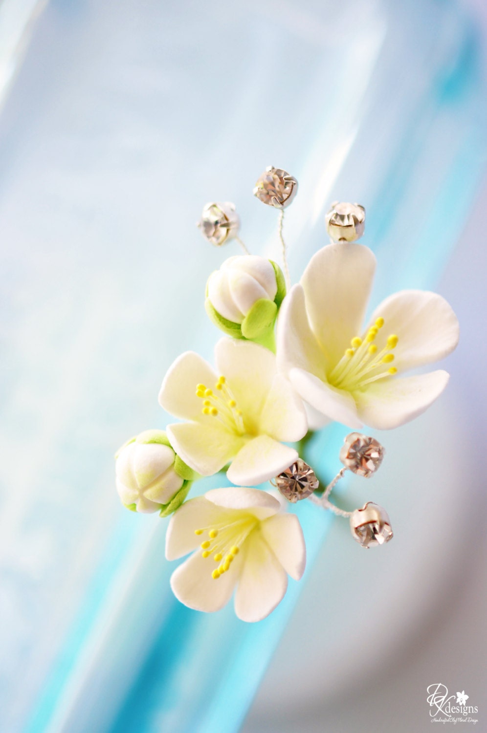 Made to Order - White Cherry Blossom Hair Pin with Handwired Rhinestones with Silver Settings