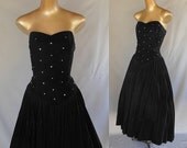 Vintage 80s does 50s Party Dress - 1980s Strapless Full Skirted Black Velvet Prom Cocktail Dress with Rhinestone Studs  - Size M to L