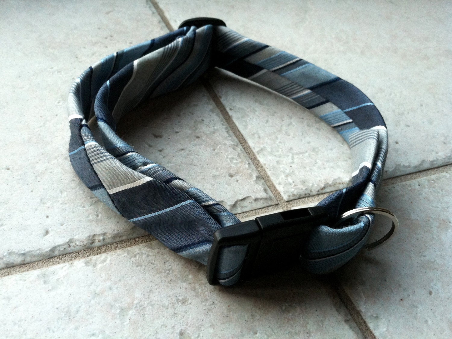Dog Collar in smoky blue stripes from vintage necktie