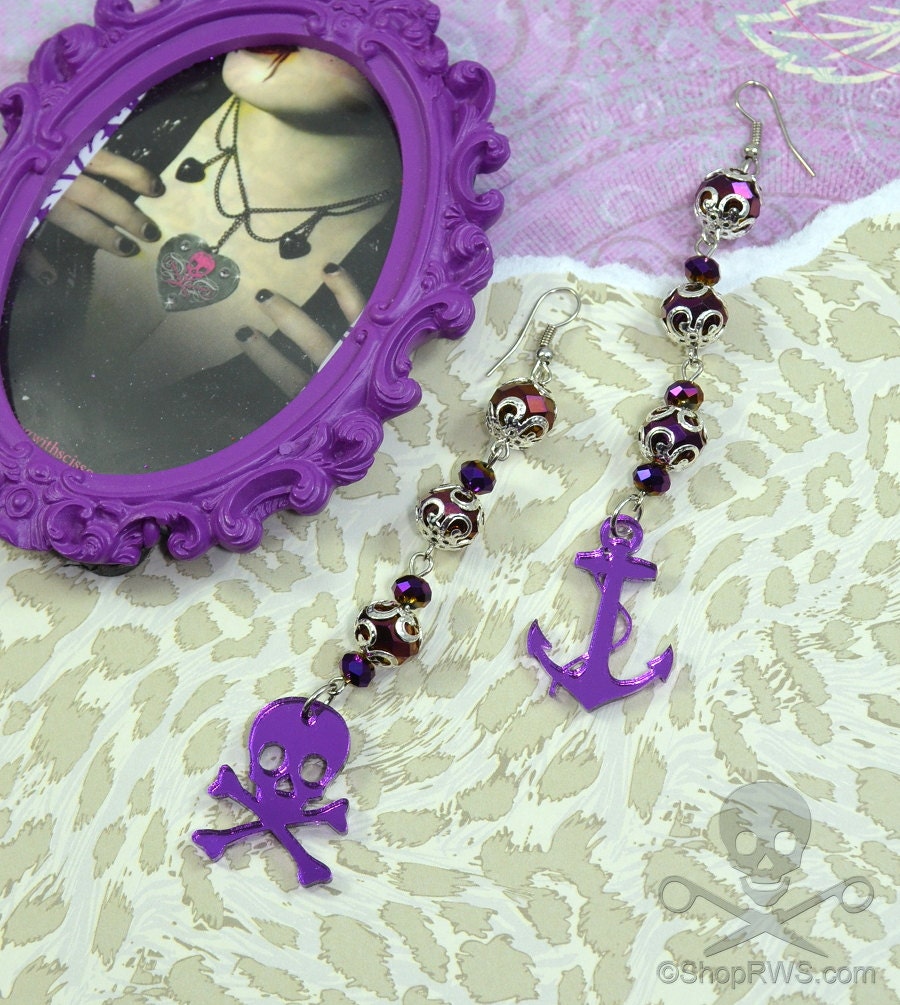 PRETTY PIRATE - Laser Cut Acrylic Dangle Charm Earrings In Purple Mirror