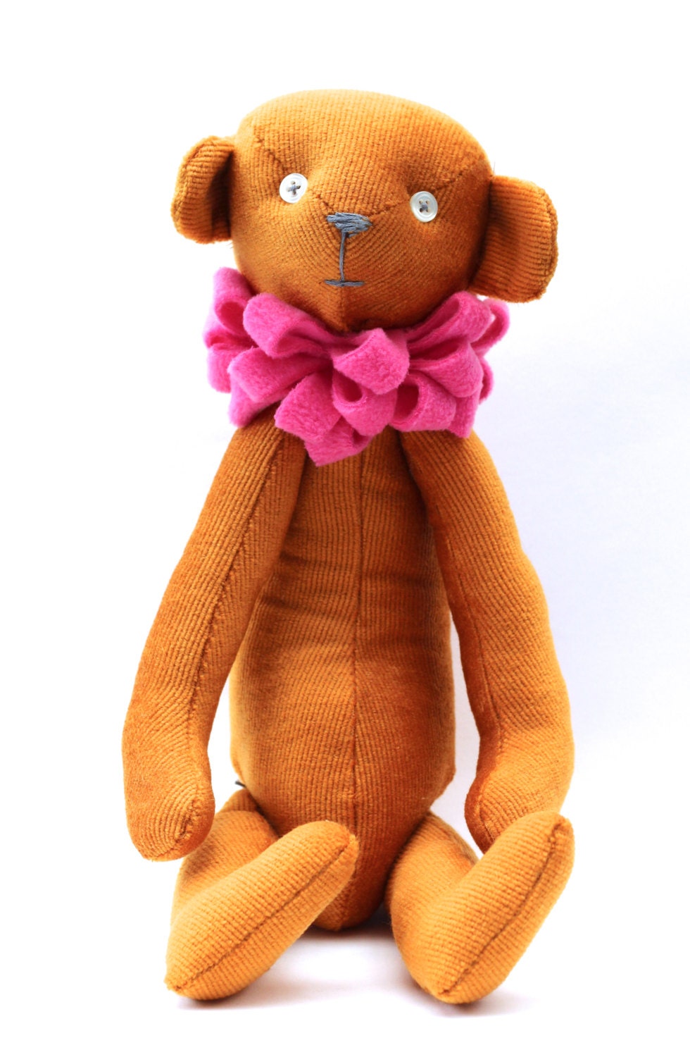 SALE - lovely yellow corduroy button jointed teddy bear with pink fleece scarf
