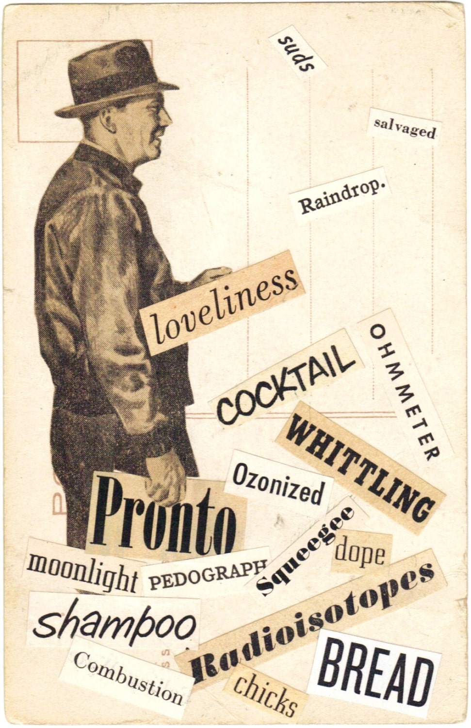 The Word Collector. An Altered Postcard Collage