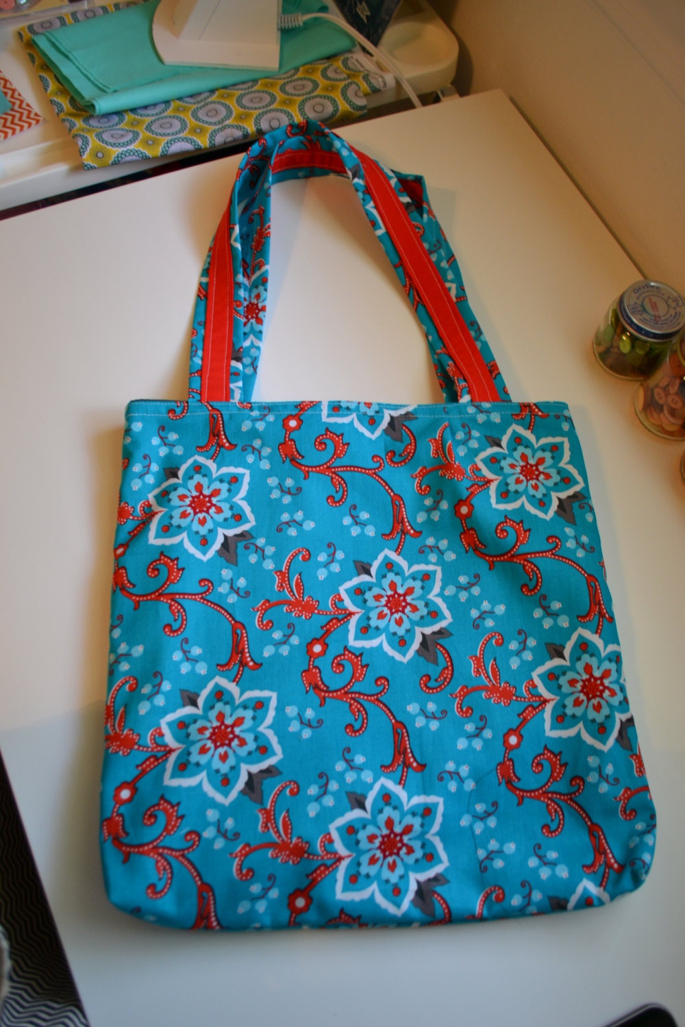 Teal Blue and Red Floral Lined Everyday Tote bag