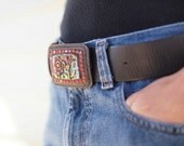 Blossom Clay Tile Mosaic Belt Buckle with Coral Semi Precious Stones includes Black Leather Belt - Unique Gift for Hip Girl Friend