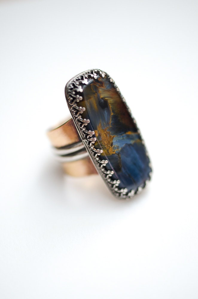 Pietersite Ring Sterling, Gold Fill, Mixed Metal Tempest Stone Ring, Chatoyant