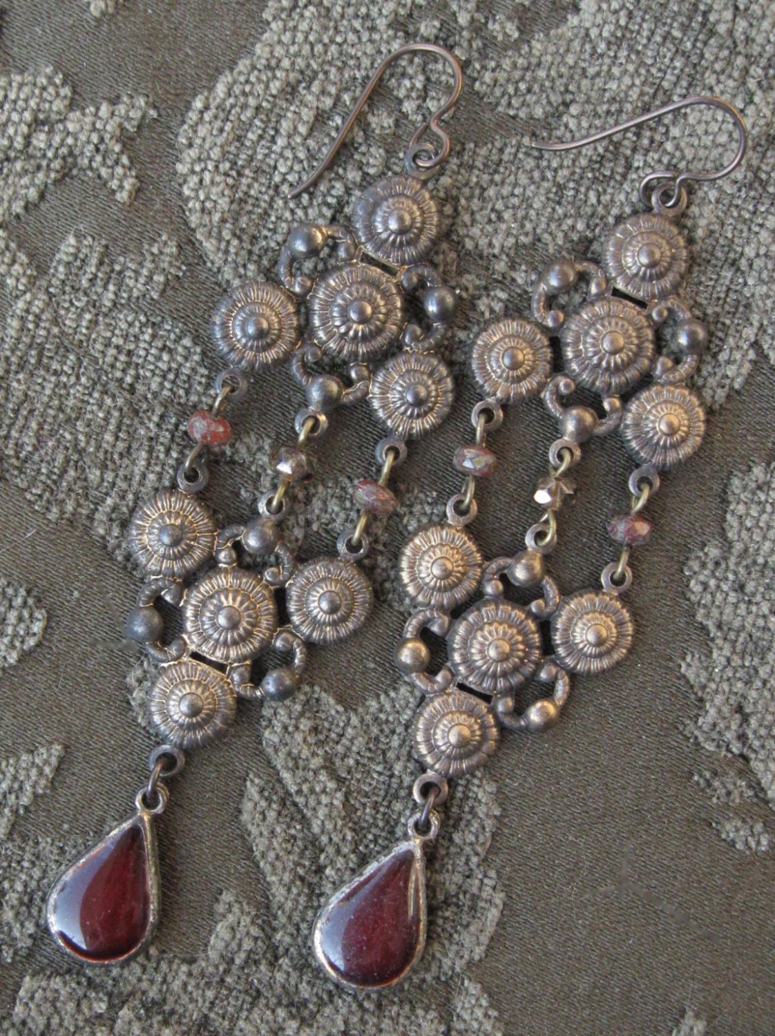 Extra Long Deep Red Teardrop Dangly Brass Filigree Earrings Made with Vintage Components