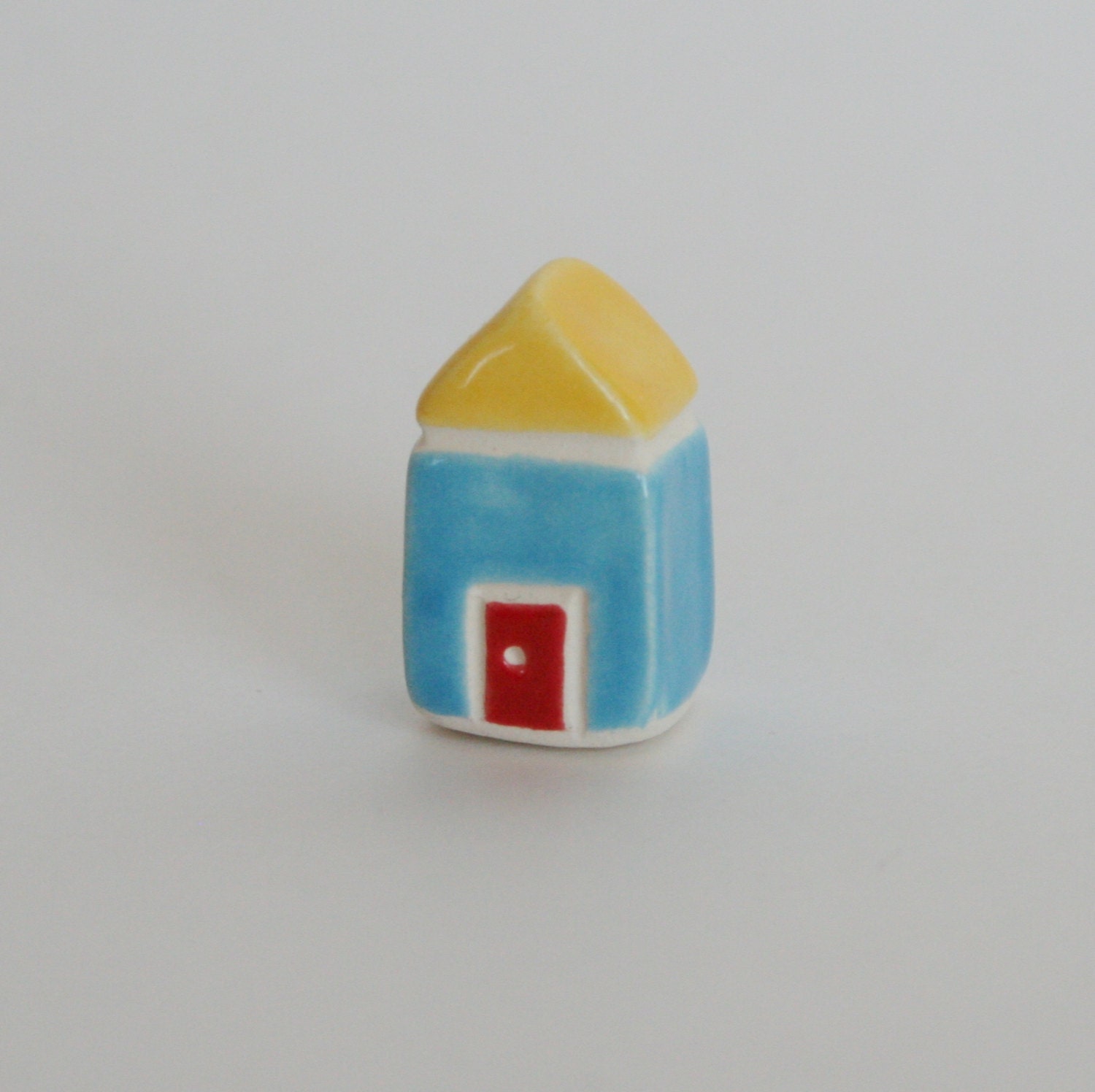 Little House Cottage Yellow Blue Red Miniature Ceramic Clay Red Door